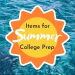 Sun icon over pool water with text: items for summer college prep
