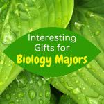 Dewy leaves with text: interesting gifts for biology majors