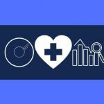 Three icons indicating different careers on a two-toned blue background. One icon is a CD, another is a heart with a cross, and the third is a magnifying glass over a bar chart.
