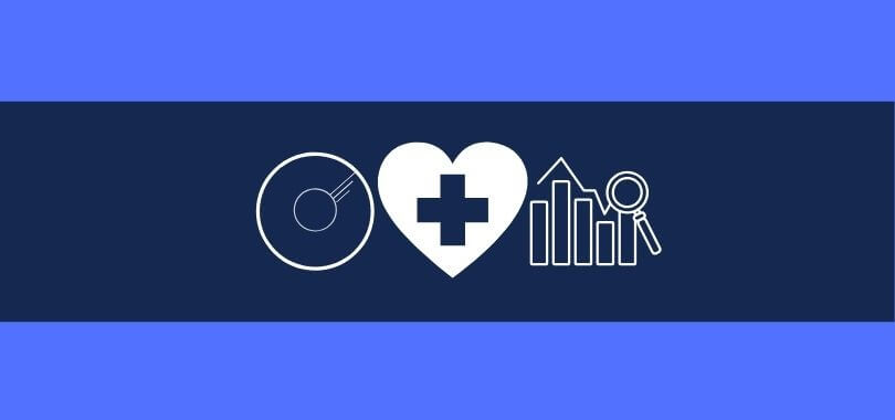 Three icons indicating different careers on a two-toned blue background. One icon is a CD, another is a heart with a cross, and the third is a magnifying glass over a bar chart.