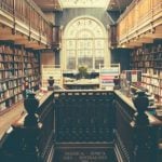 A college library filled with books.