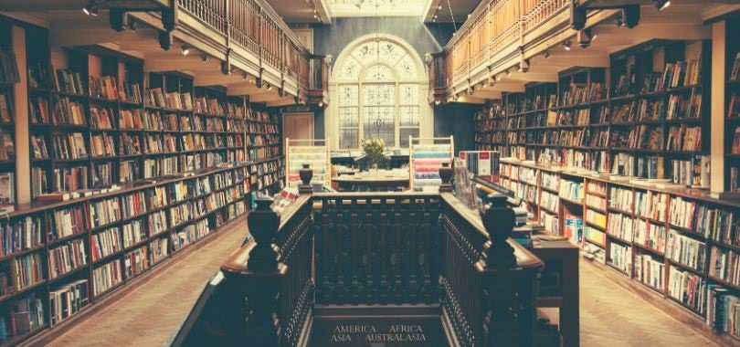 A college library filled with books.