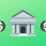 A bank and dollar icons on a green background.