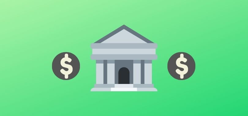 A bank and dollar icons on a green background.