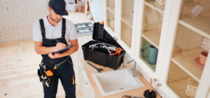 Trade job plumber inspecting job.