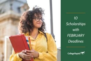 Image with person and text about Scholarships with February deadlines.